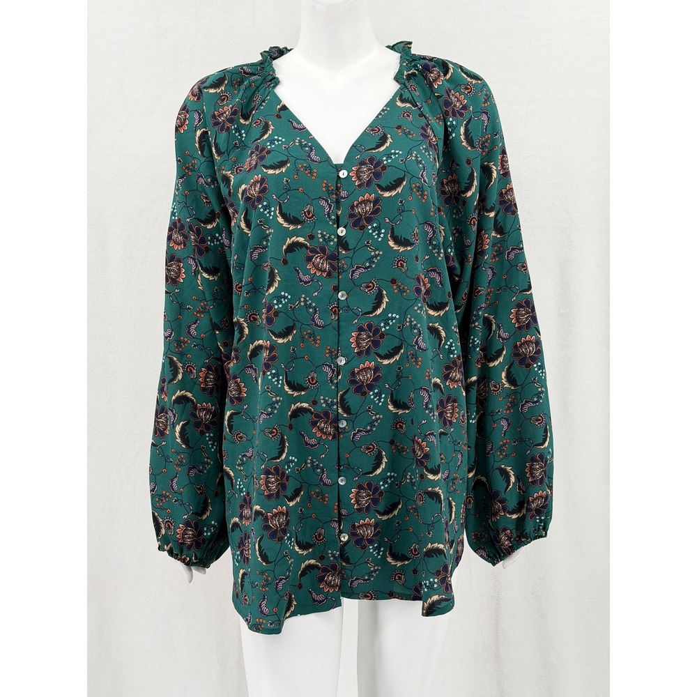 Suzanne Betro Top Womens 1X Green Floral Sheer Button Up Ruffle Boho Spring Work